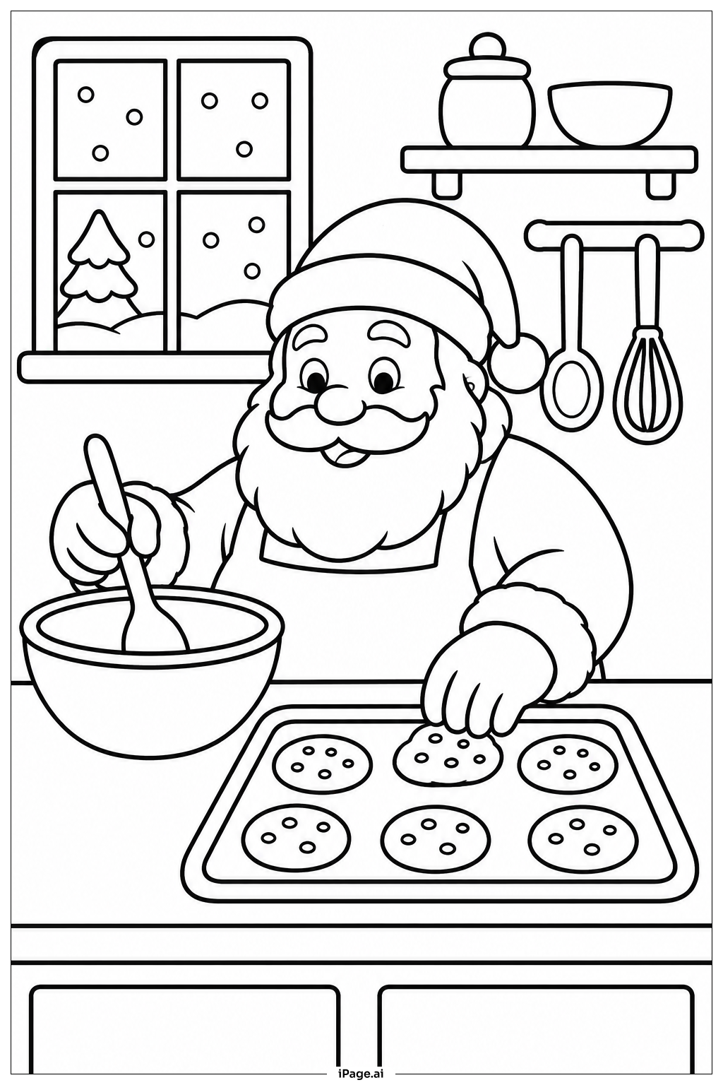 Santa Baking Cookies Kitchen Coloring Page