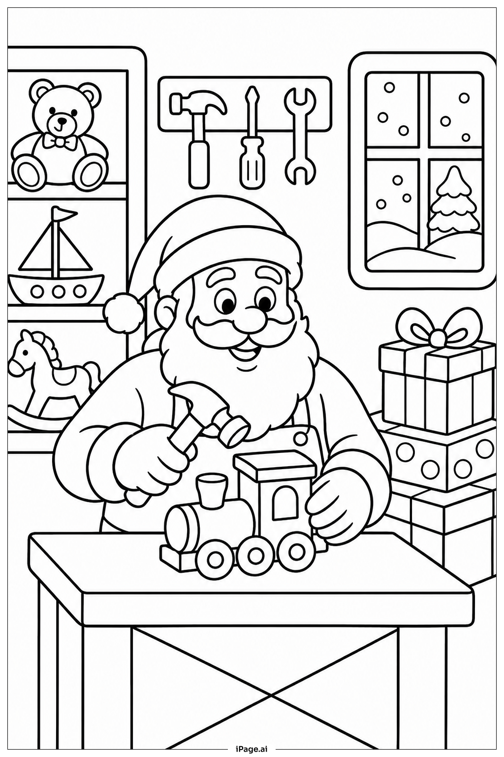  Página para colorir de Papai Noel Construindo a Oficina de Brinquedos 