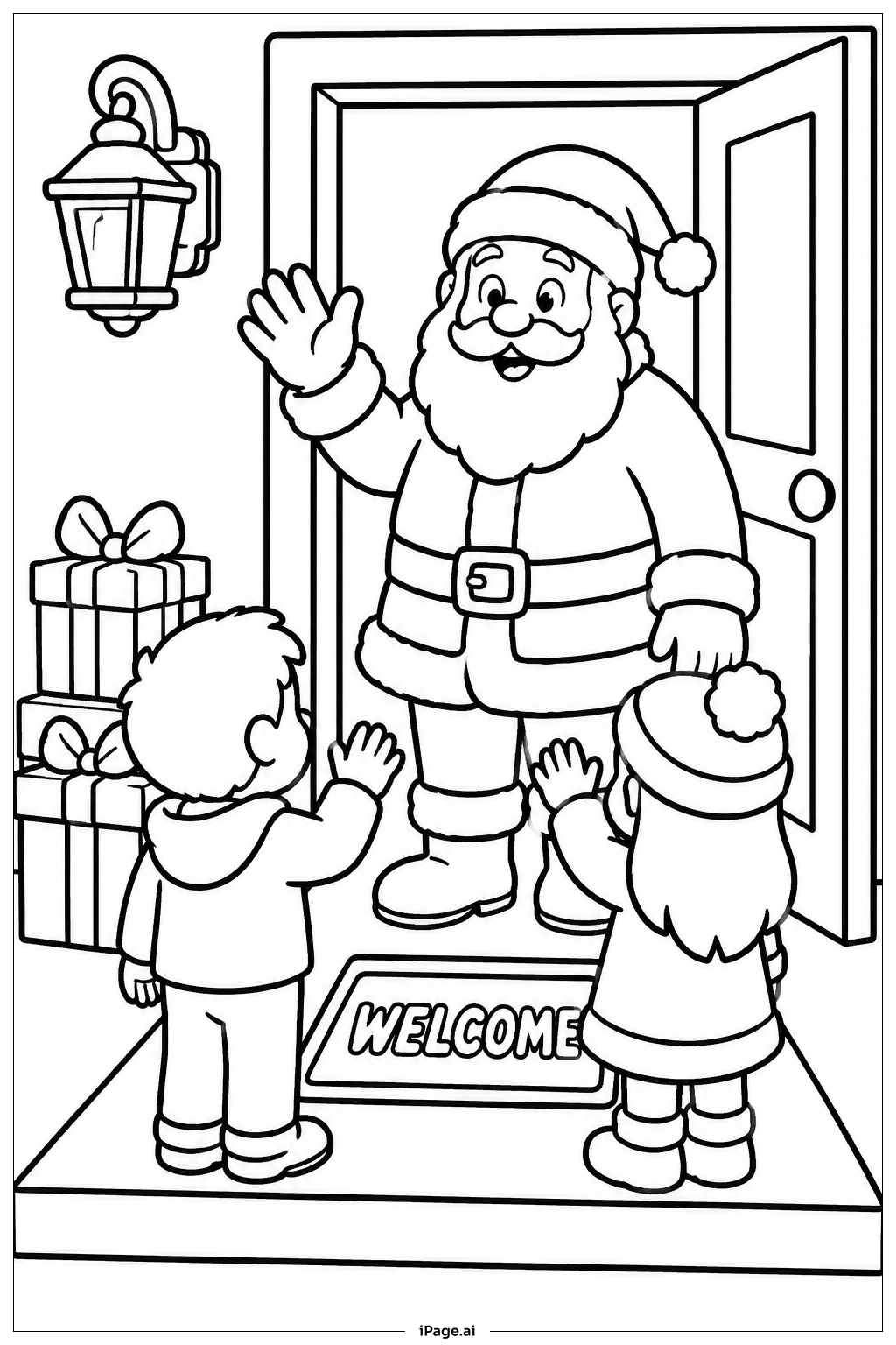 Página para colorir de Papai Noel Cumprimentando Crianças na Varanda