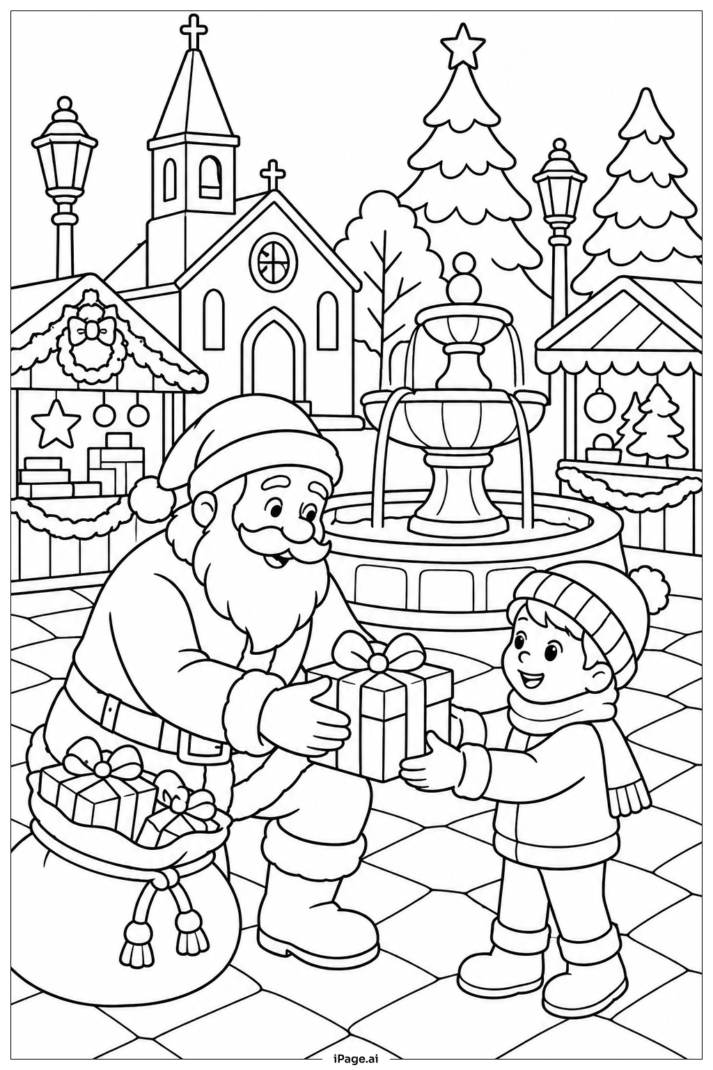 Page de coloriage Père Noël sur la Place du Village en Hiver