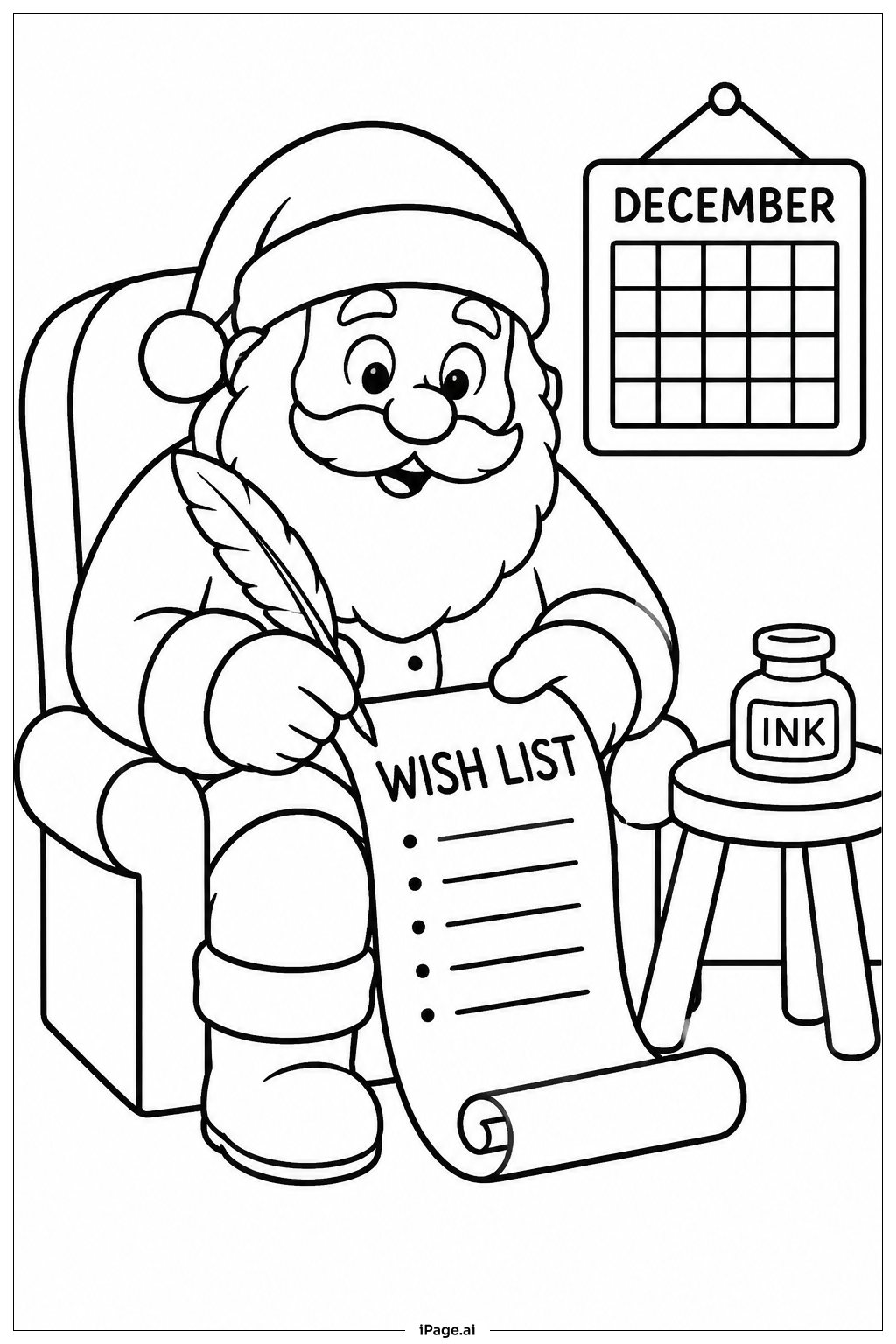 Page de coloriage Le Père Noël Écrivant sa Liste de Vœux