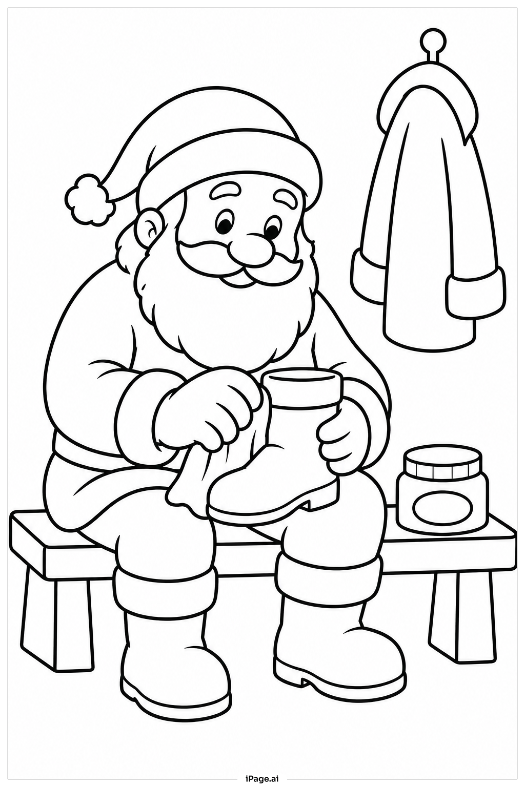 Página para colorir de Papai Noel Polindo Botas no Banco