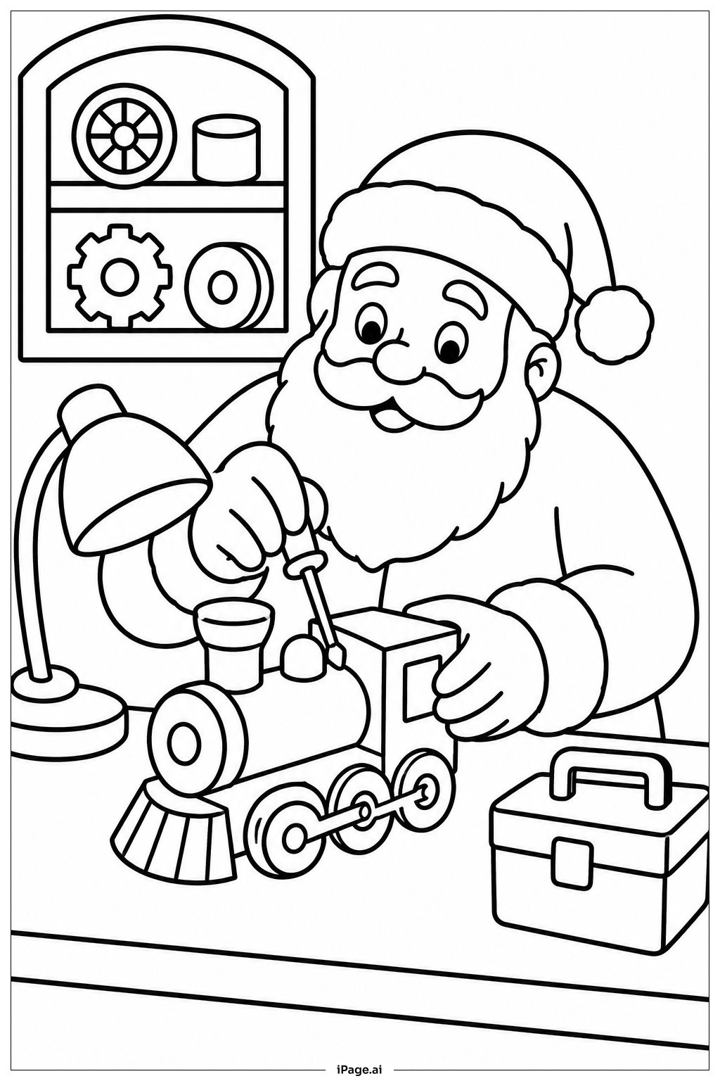 Página para colorir de Papai Noel Consertando um Trem de Brinquedo