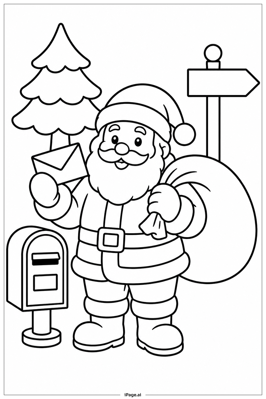 Página para colorir de Papai Noel com Saco de Correspondências