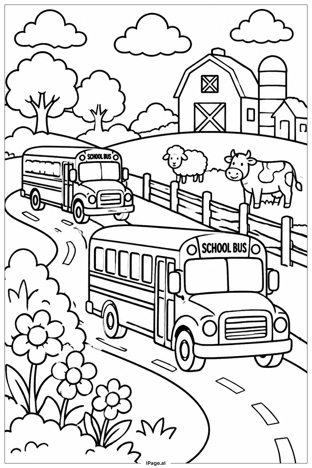  Page de coloriage Autobus scolaire à la campagne 