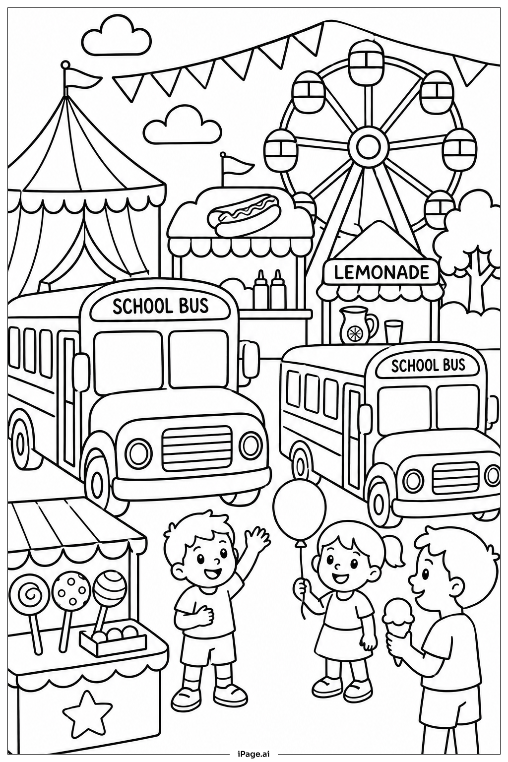  Page de coloriage Scène de Festival de Bus Scolaire 