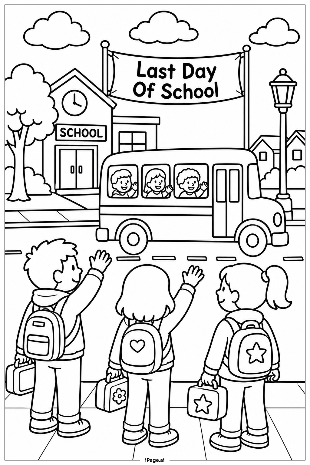 スクールバスでさようなら・学校最終日の塗り絵ページ