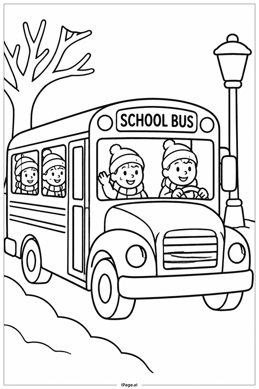  Schulbus im Winter Ausmalseite 