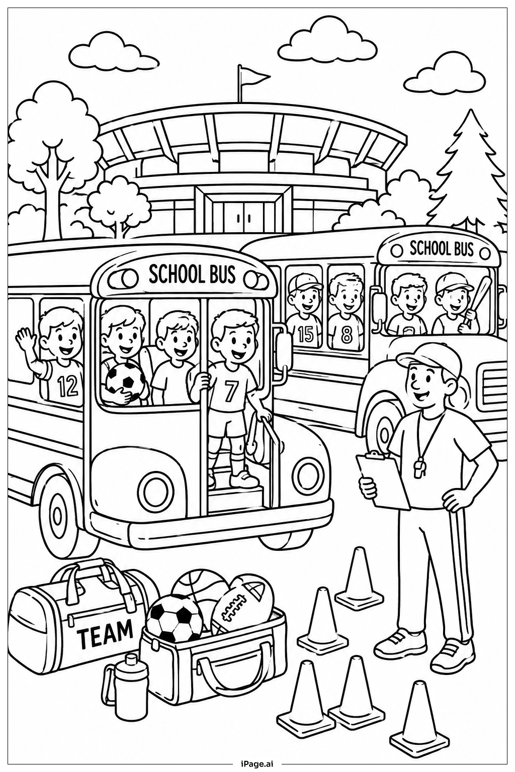  Page de coloriage School Bus Sports Team Trip 