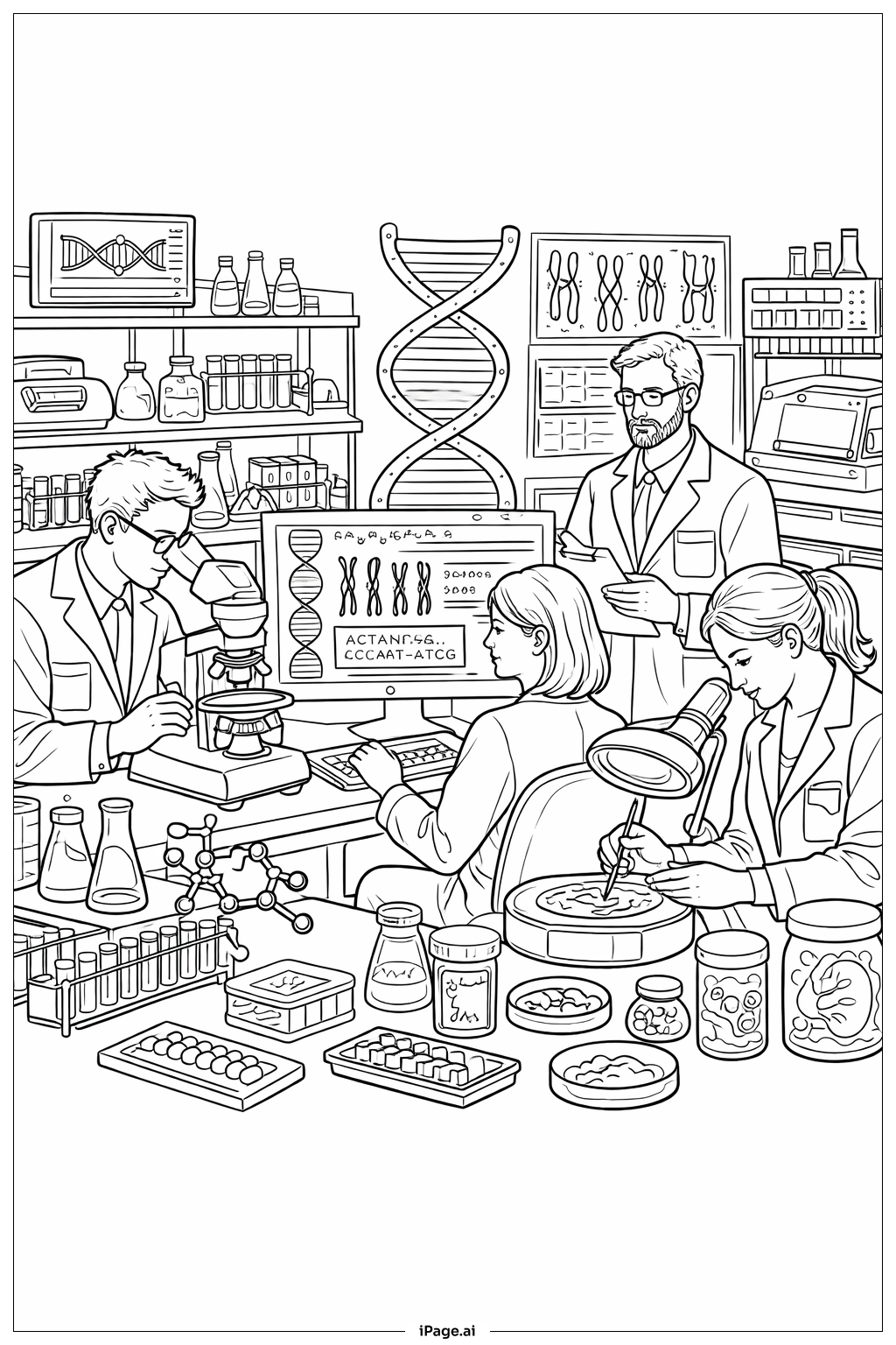  科学遺伝学実験チームの塗り絵ページ 