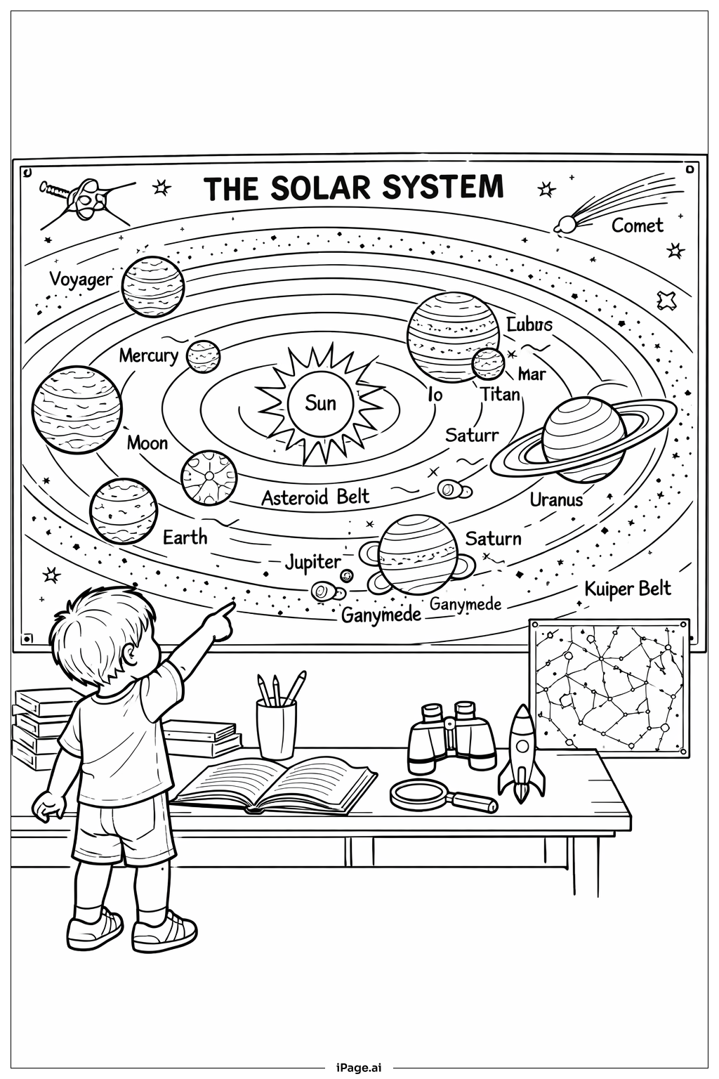  과학 태양계 지도 장면 색칠공부 페이지 