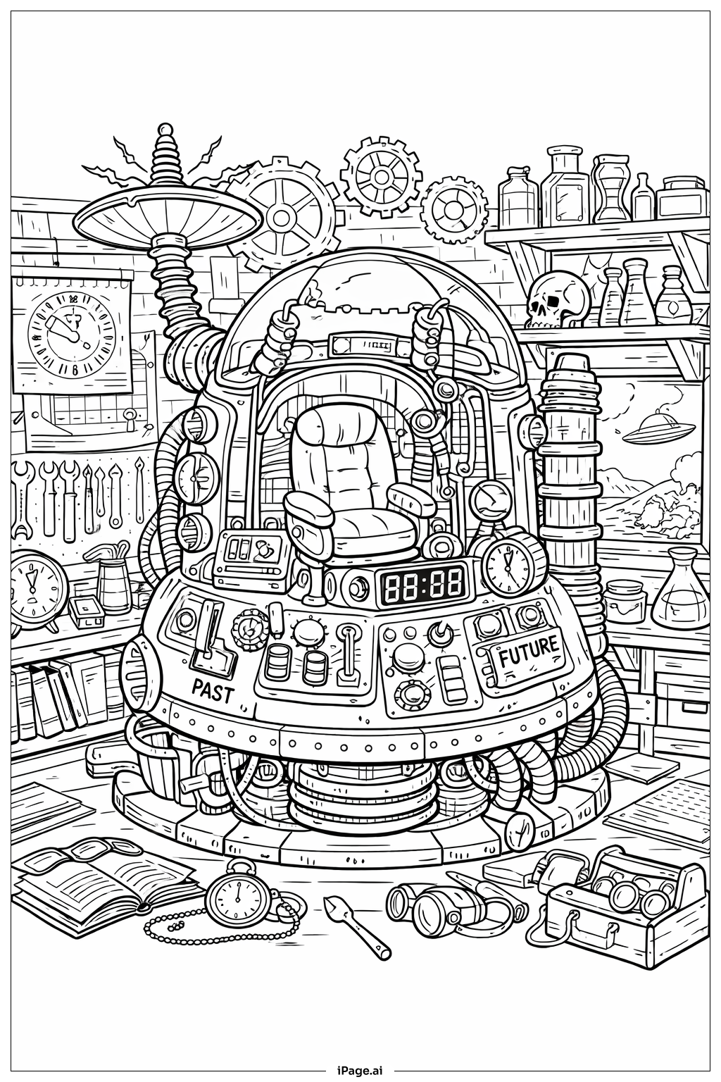  科学タイムマシンワークショップの塗り絵ページ 