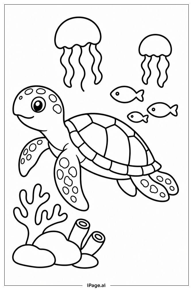 Sea Turtle And Jellyfish Coloring Page