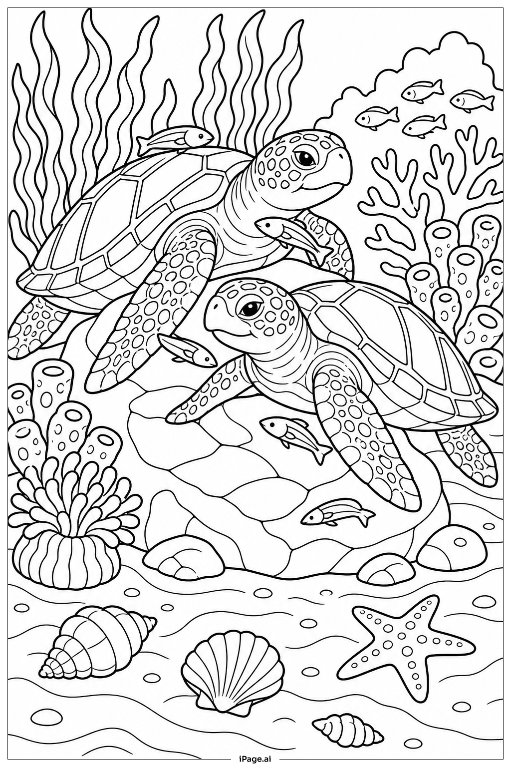 Sea Turtle Cleaning Station Scene Coloring Page