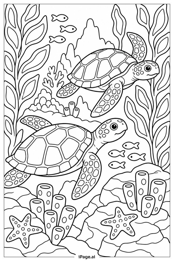 Sea Turtle Exploring Kelp Forest Coloring Page
