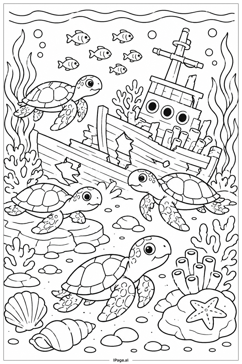 Sea Turtle Group Near Shipwreck Coloring Page