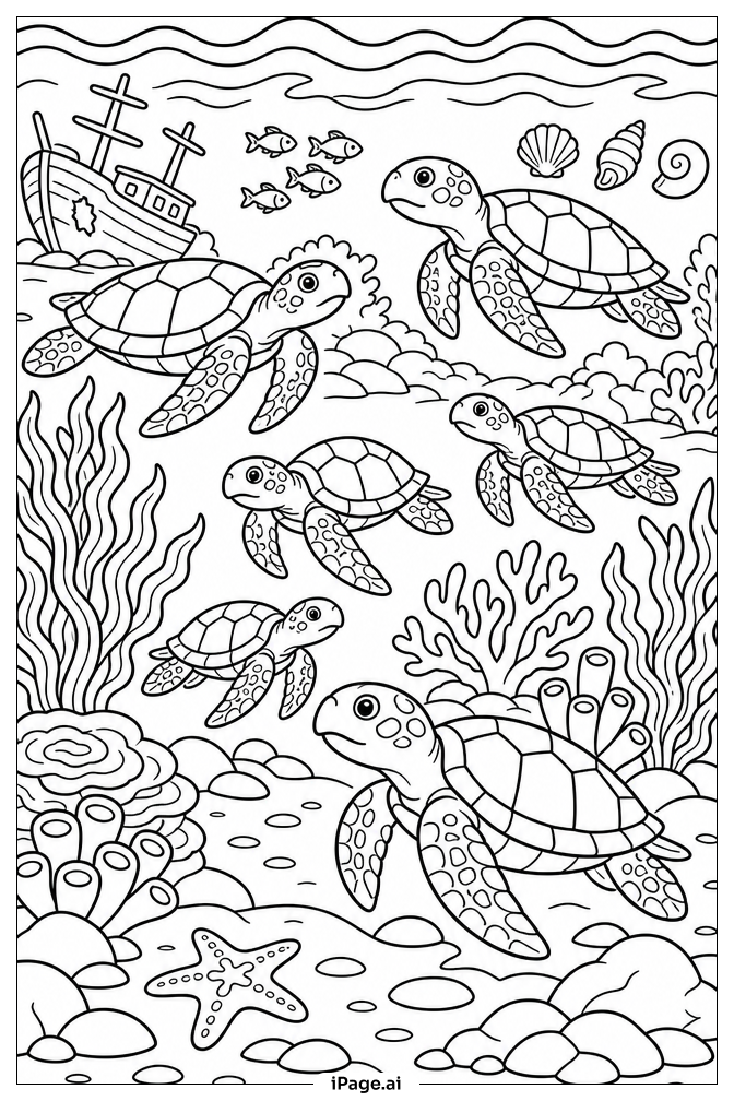 Sea Turtle Migrating Ocean Scene Coloring Page