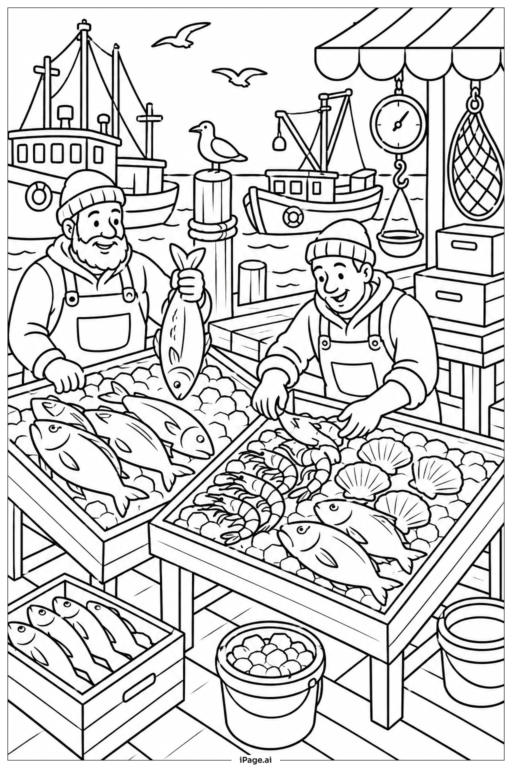 Page de coloriage Marché de Fruits de Mer au Port
