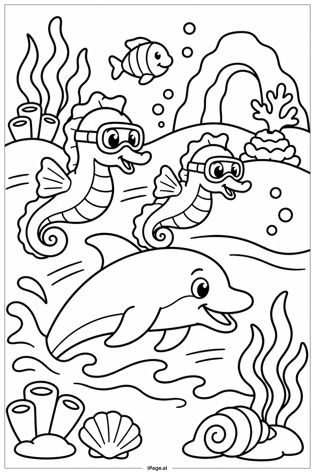  Seepferdchen- und Delfinrennen Ausmalseite 
