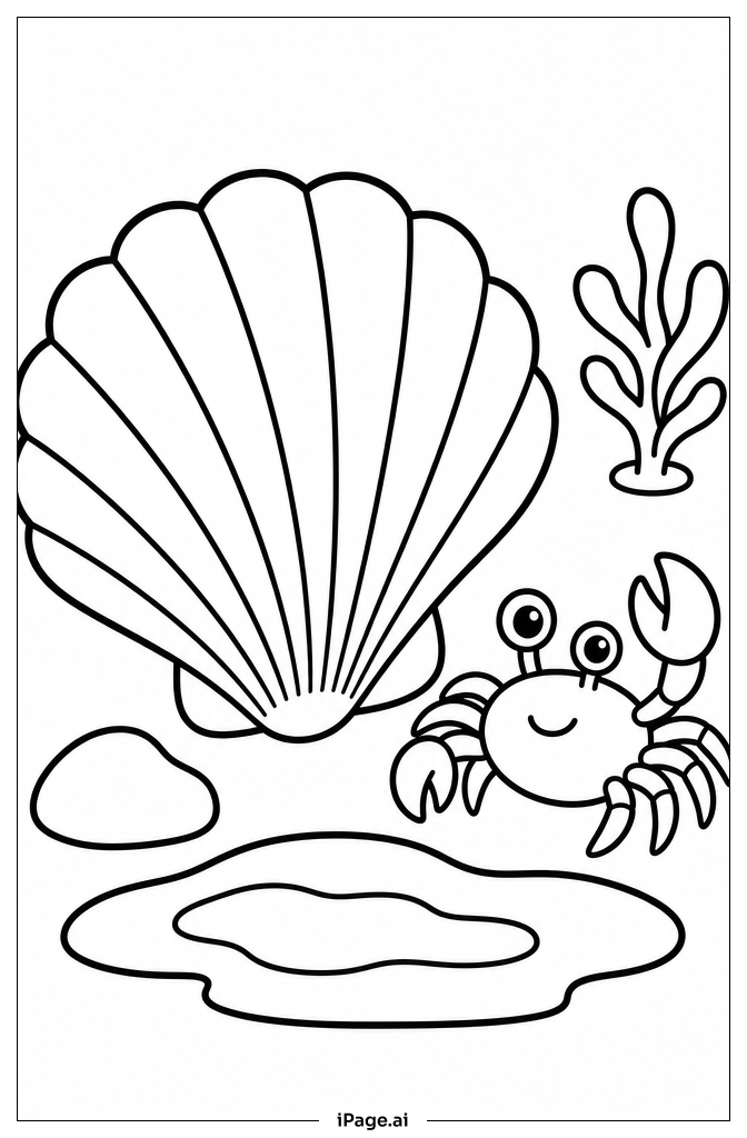 貝殻とカニの塗り絵ページ