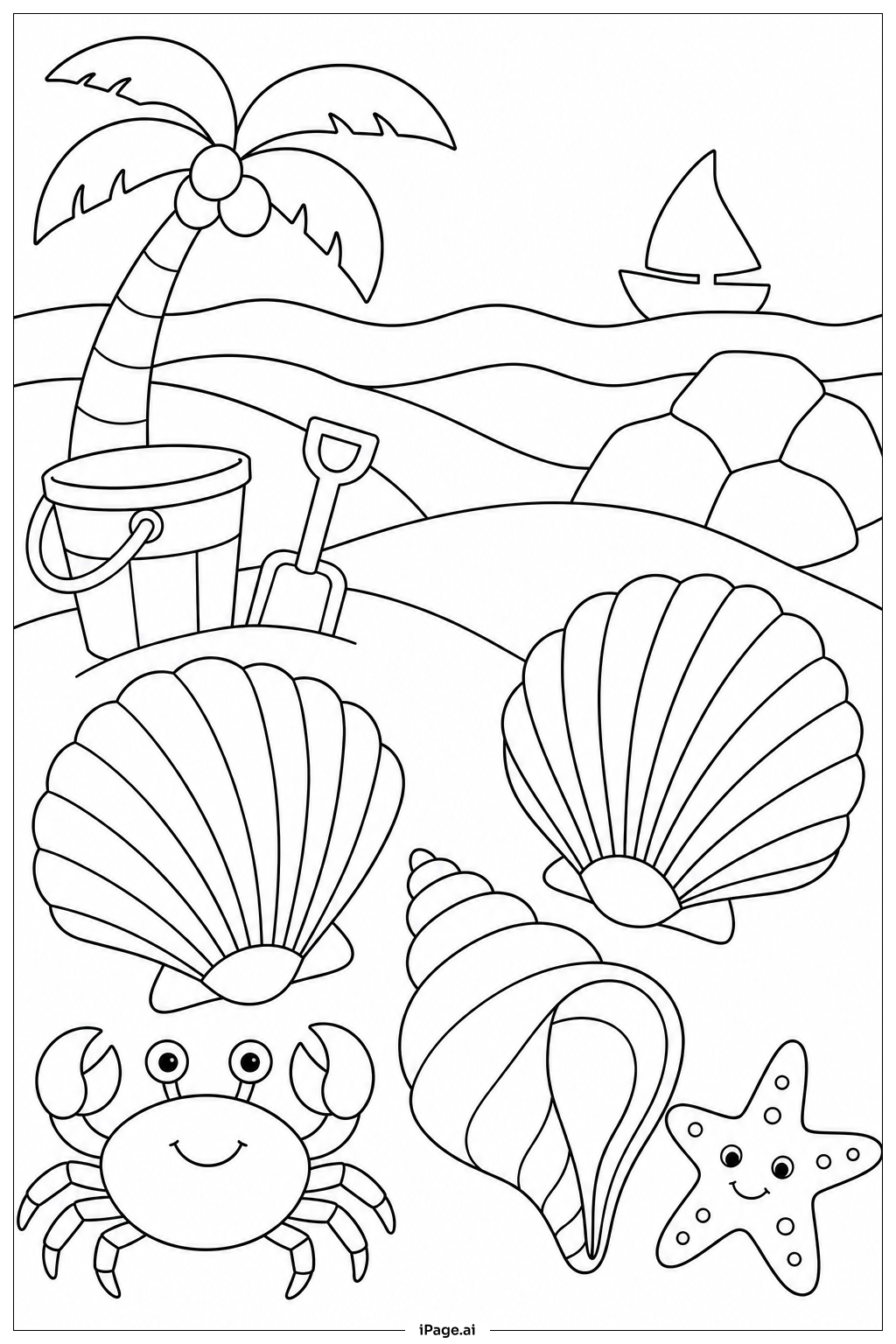 Seashell Beach Panorama Coloring Page