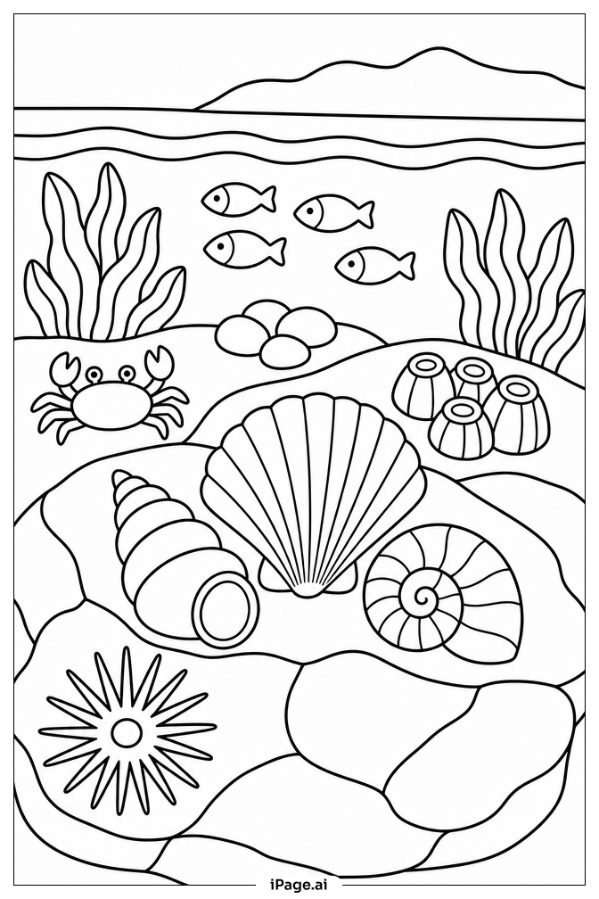 Página para colorir de Cena de Concha do Mar em Poça de Maré