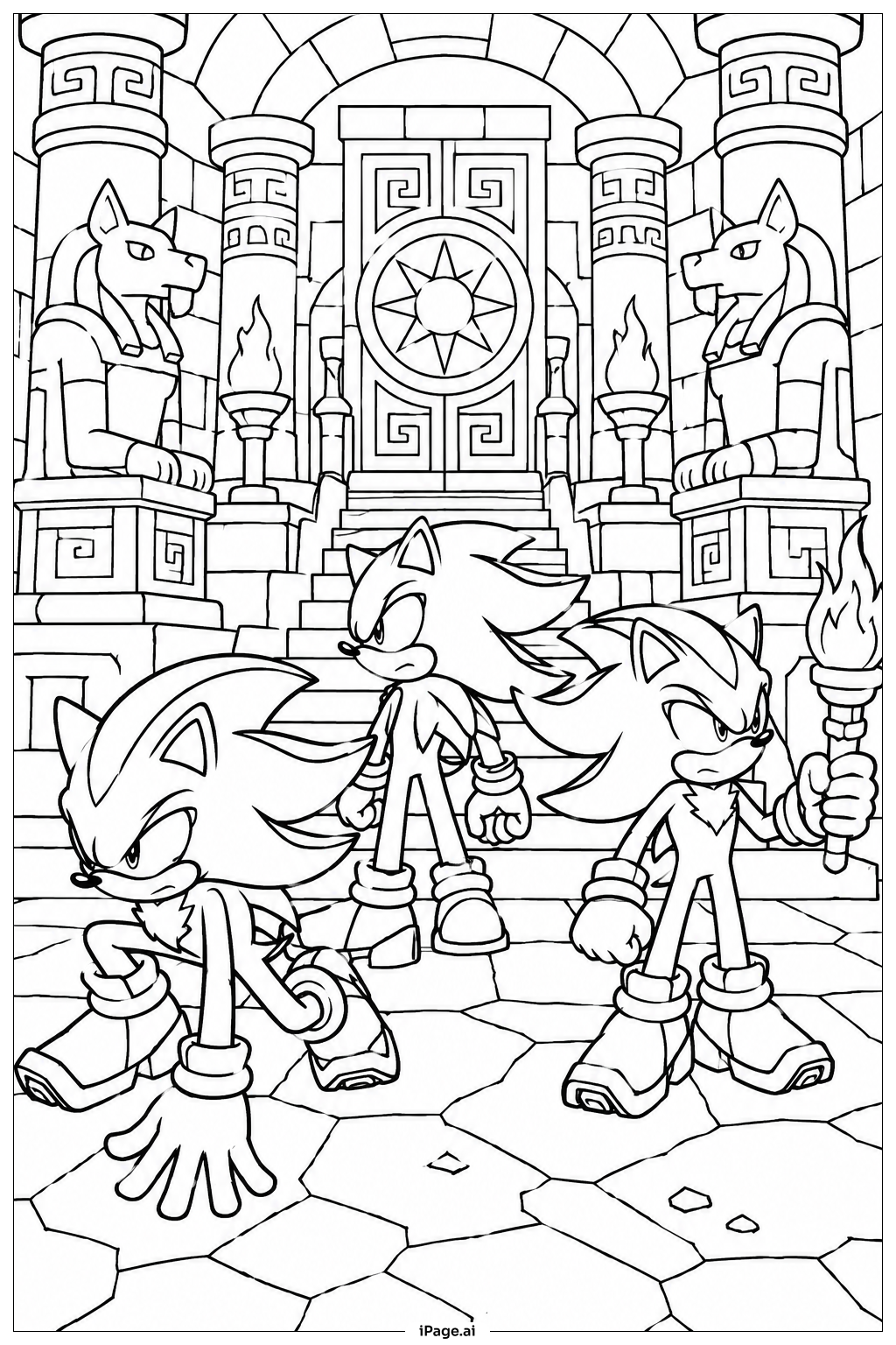 Page de coloriage Shadow Sonic dans un temple antique