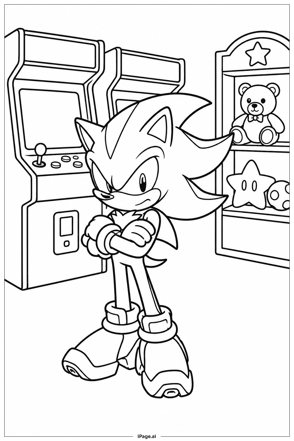 Página para colorear de Shadow Sonic en la Sala de Arcade