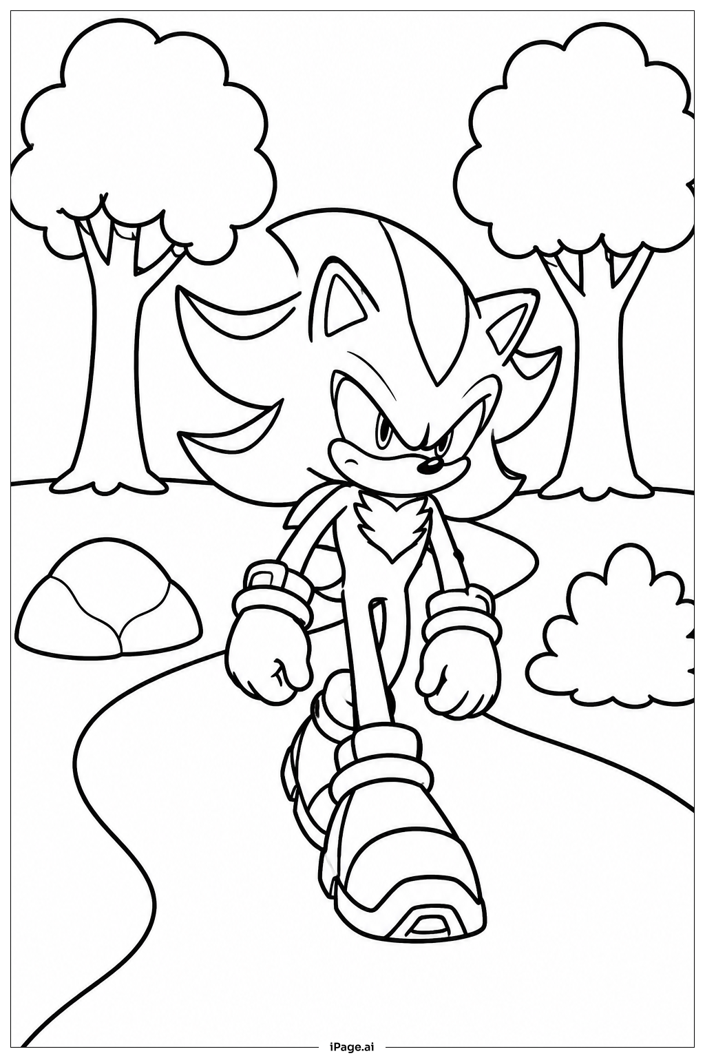 Página para colorir de Shadow Sonic no Caminho da Floresta