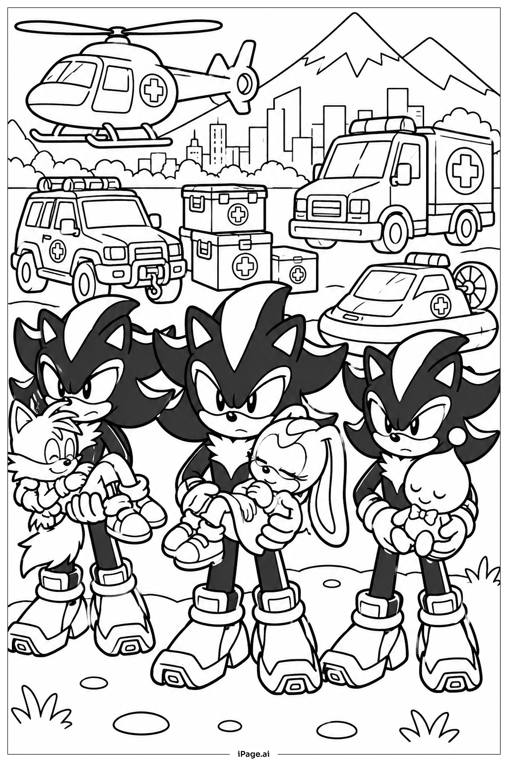 友達を救出するシャドウソニックの塗り絵ページ