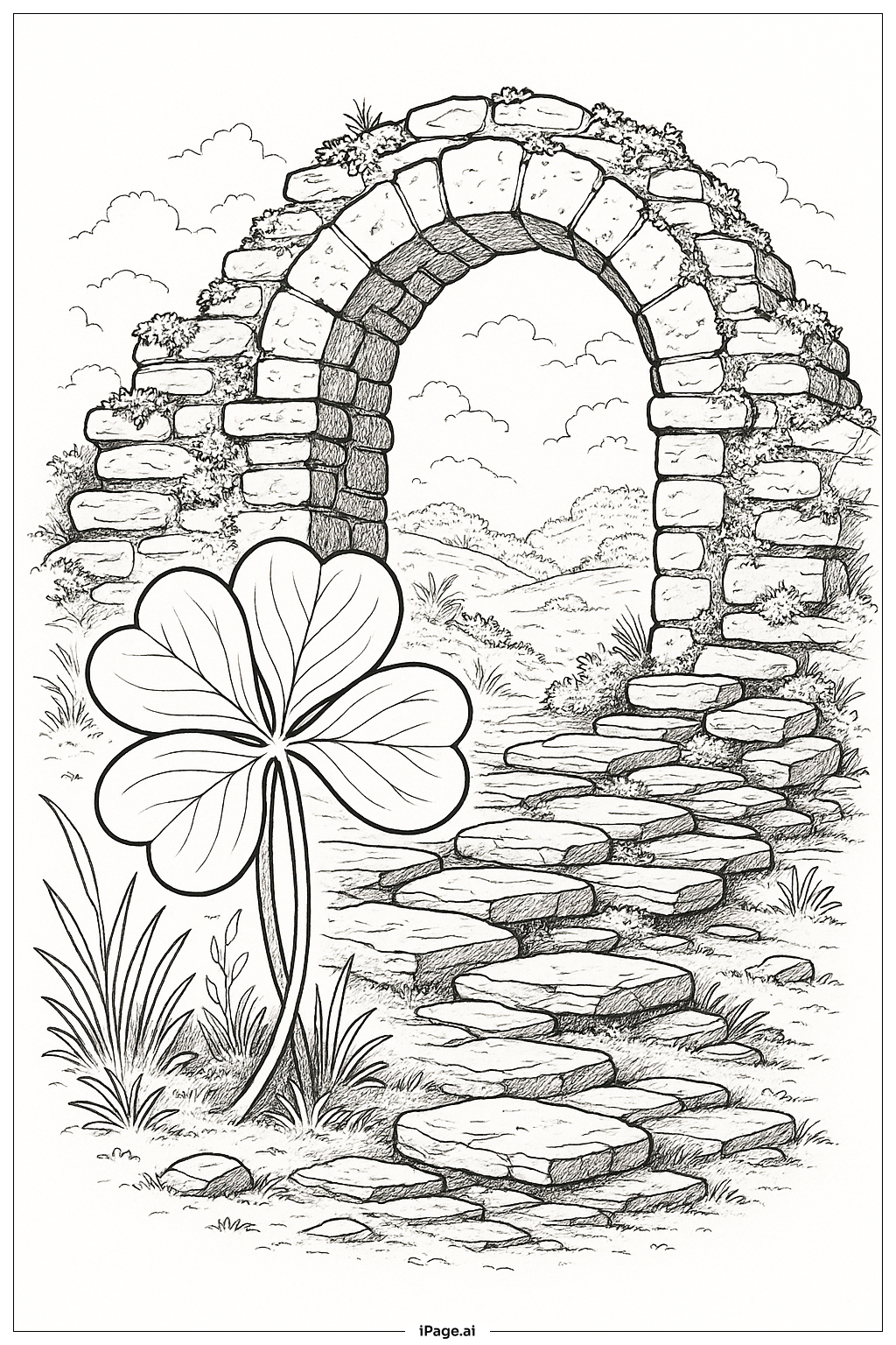  Steinbogen mit Kleeblatt Ausmalseite 