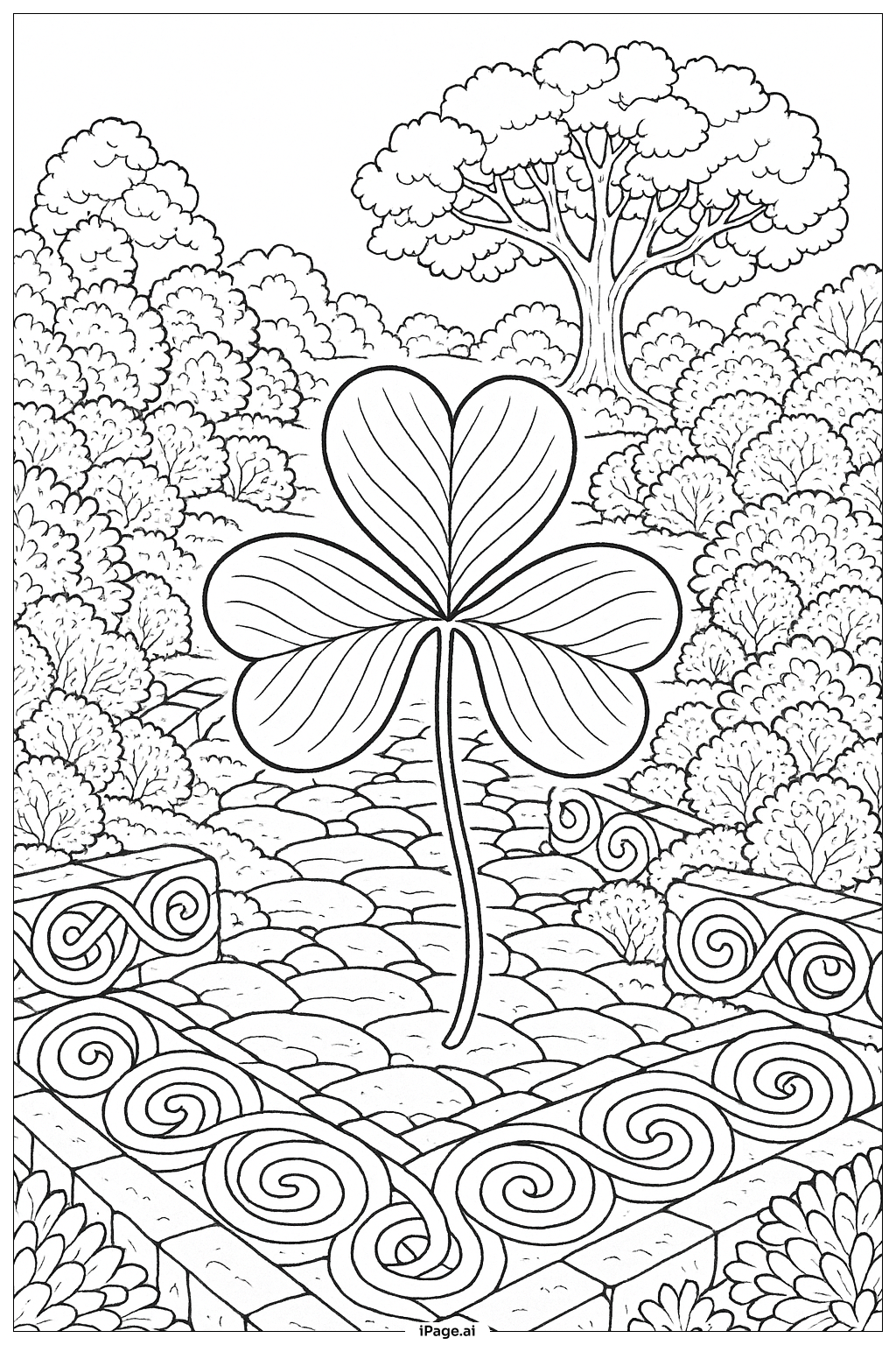 Kleeblatt in keltischem Gartenszenario Ausmalseite 