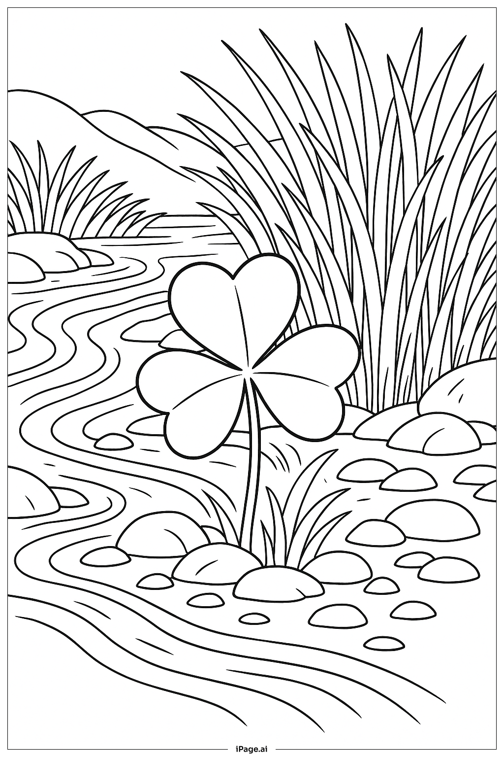  Kleeblatt am Flussufer mit Steinen Ausmalseite 