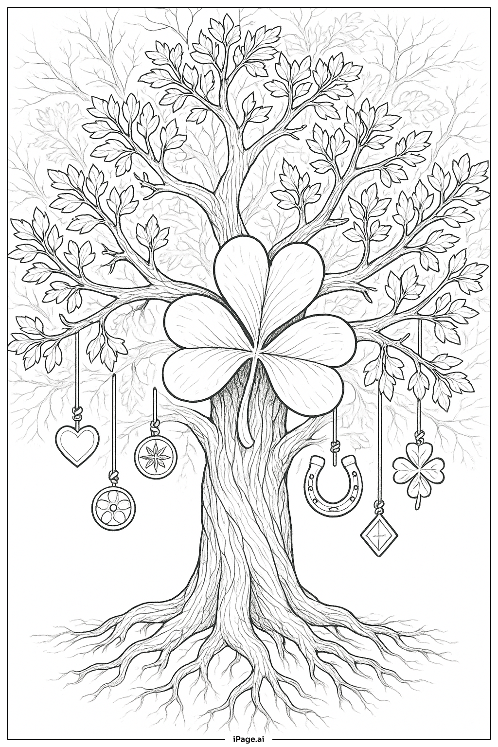  Kleeblattbaum mit hängenden Glücksbringern Ausmalseite 