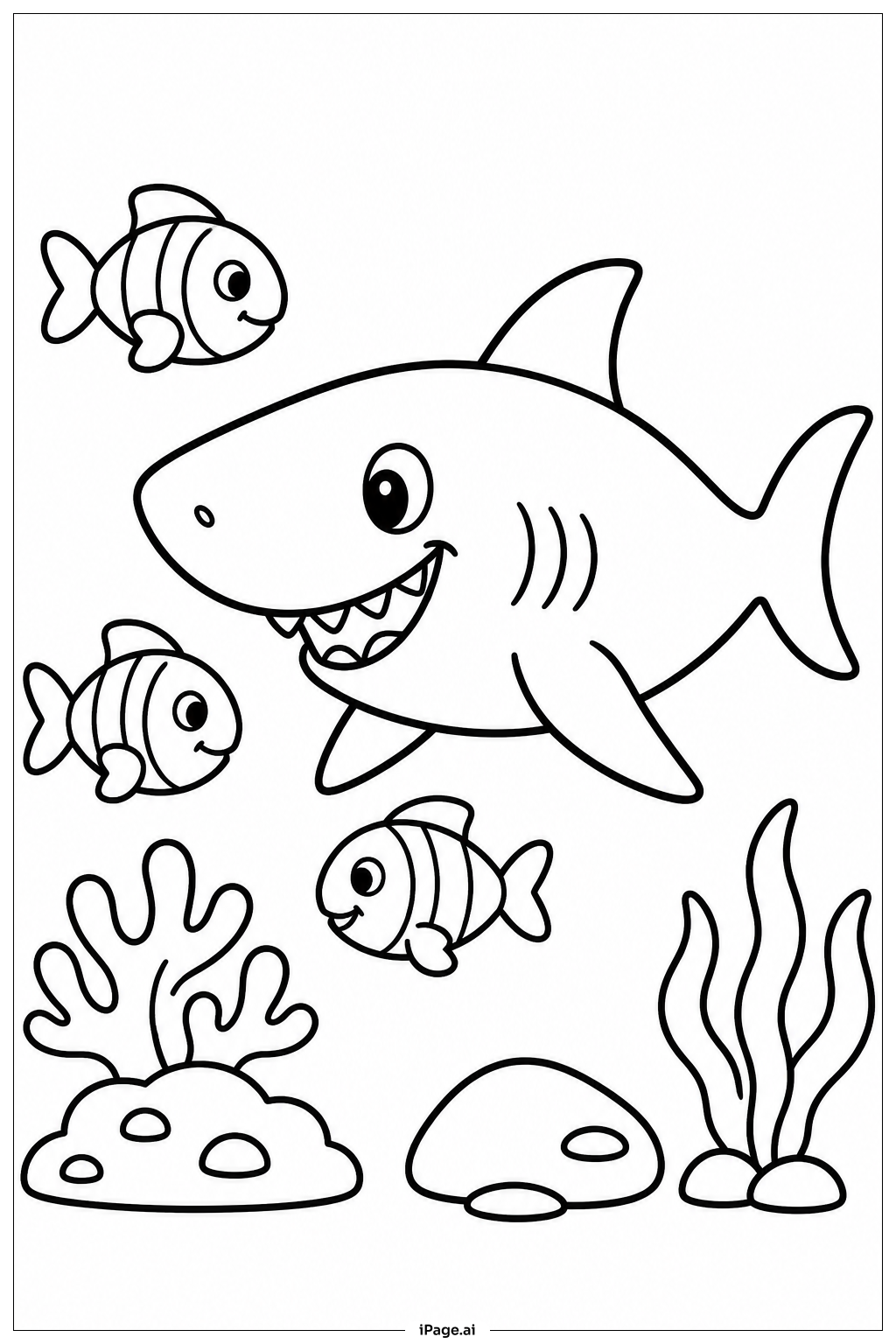  サメと小さな魚の塗り絵ページ 
