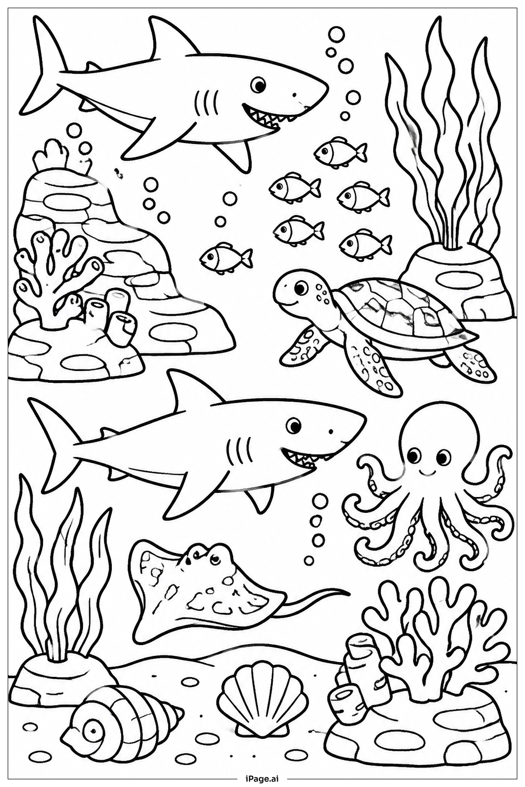 Shark And Multiple Sea Creatures Ausmalseite
