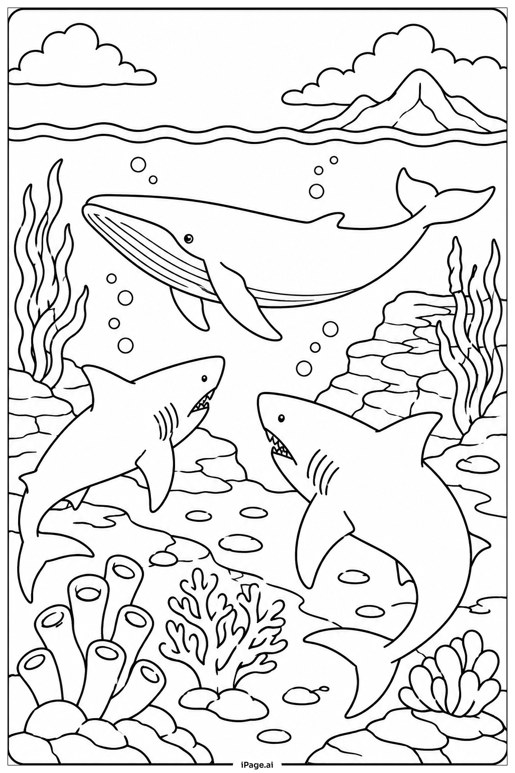 Shark And Whale Encounter Coloring Page