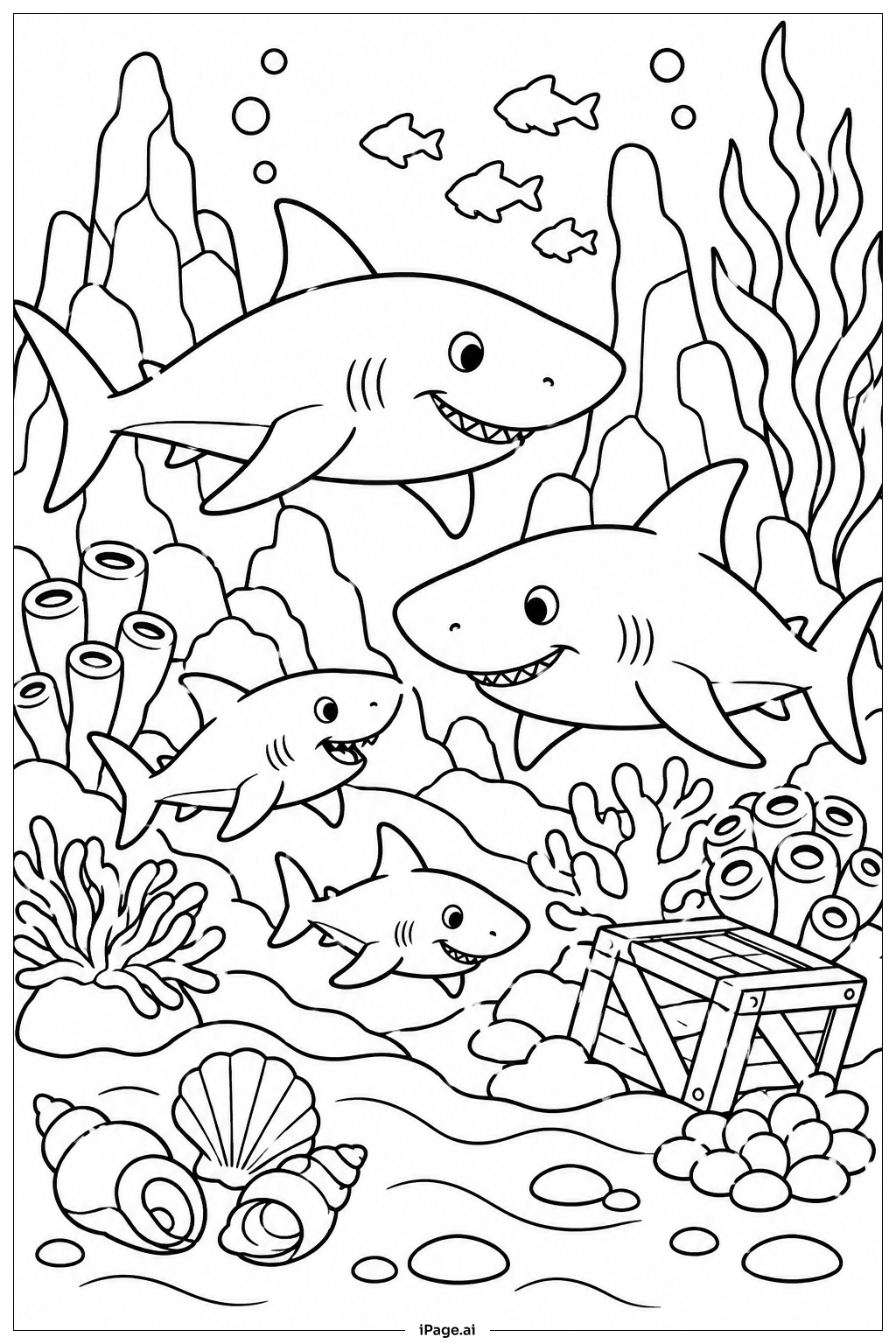 礁岩上的鯊魚家庭著色頁