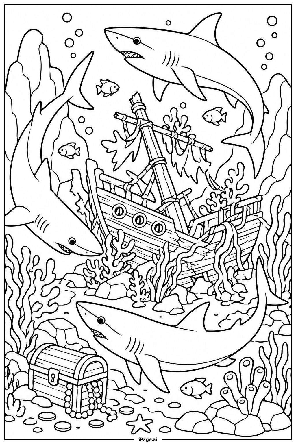 Shark Patrol Around Shipwreck Ausmalseite
