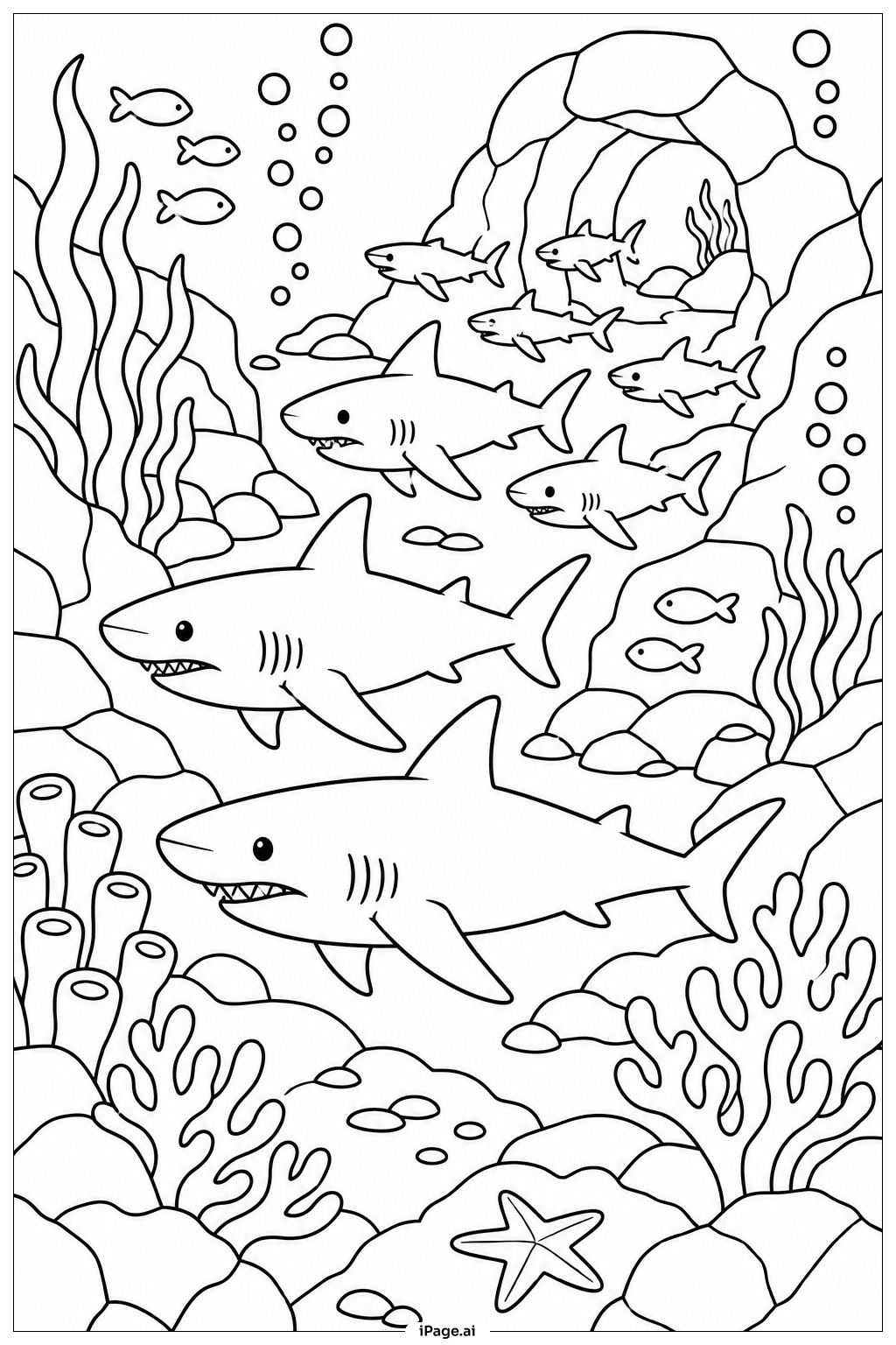 鯊魚學校航行水道著色頁