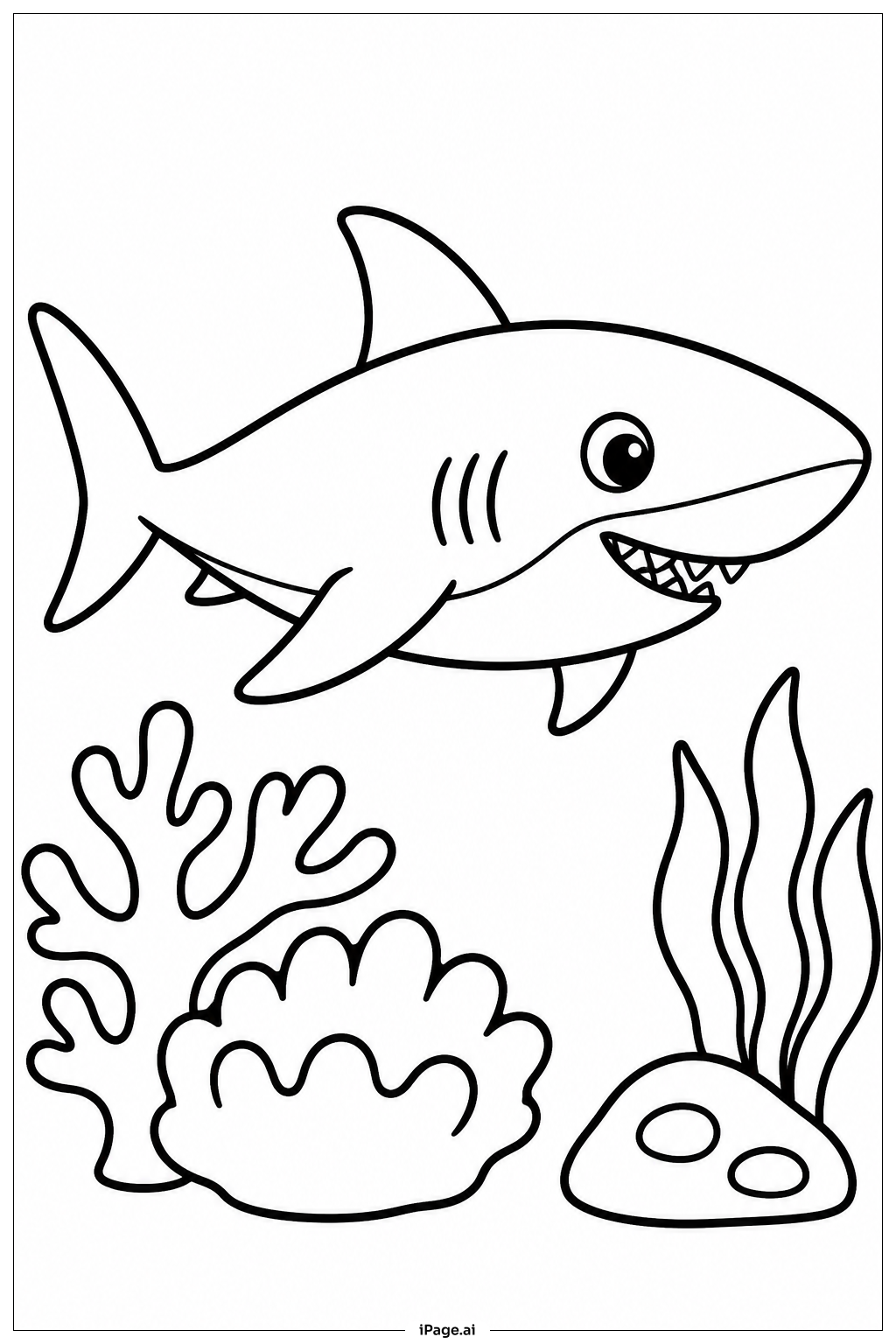  サメとサンゴの海中散歩の塗り絵ページ 