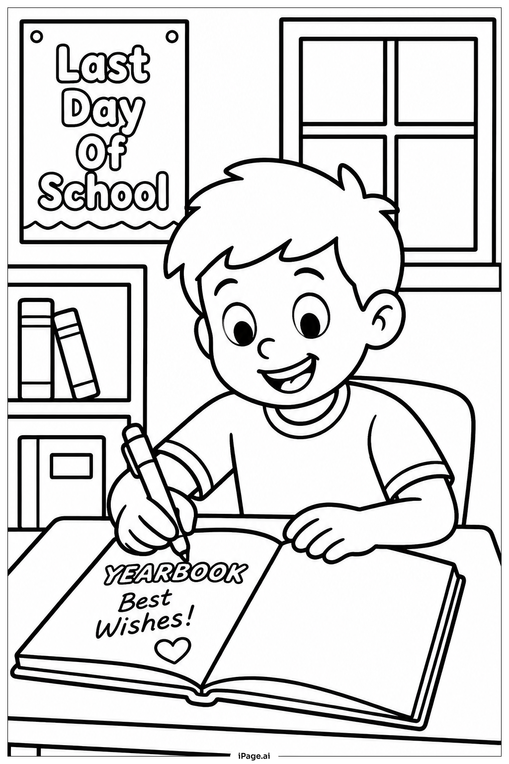 卒業アルバムにサインする学校最終日の塗り絵ページ