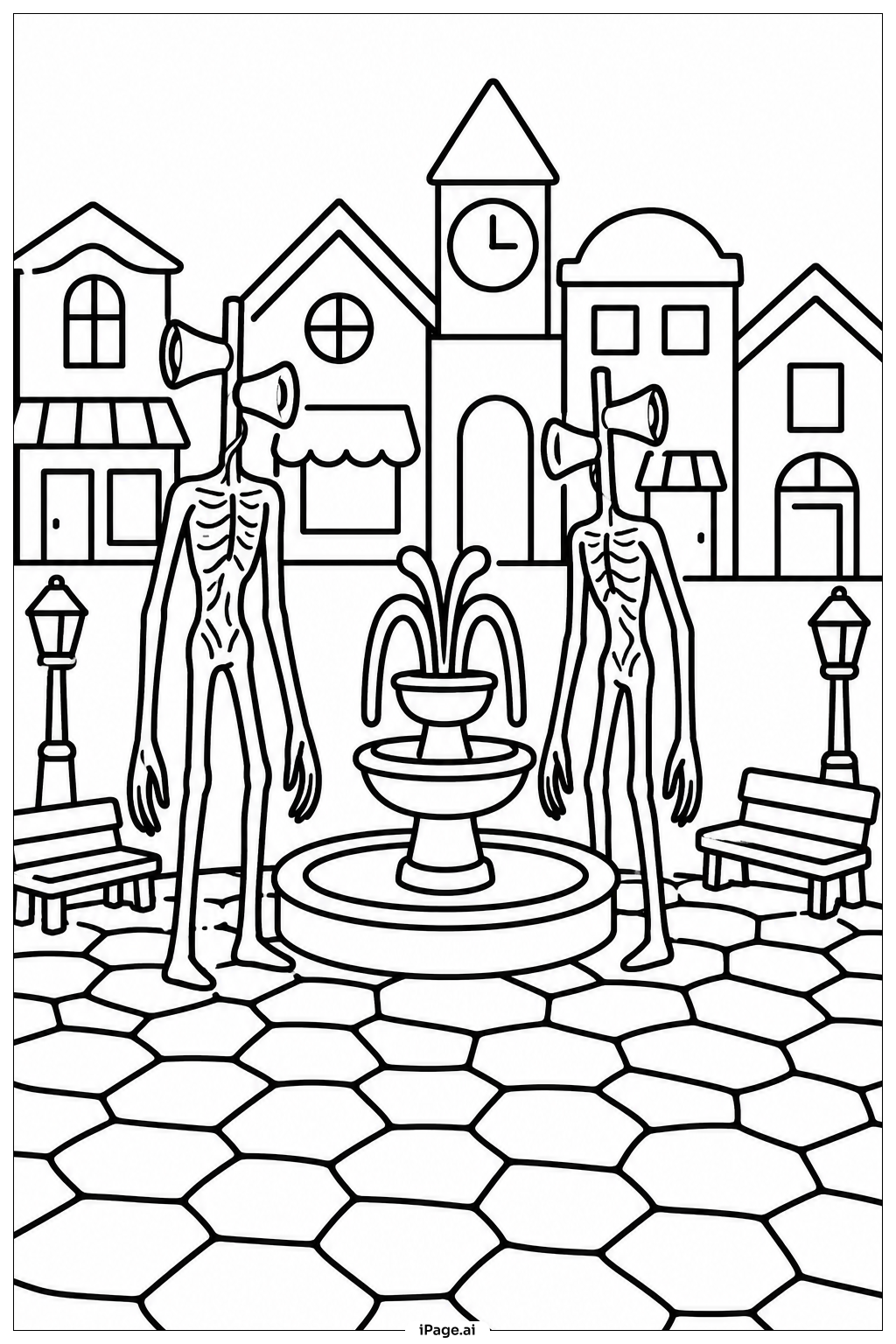  Página para colorear de Siren Head en la plaza del pueblo 
