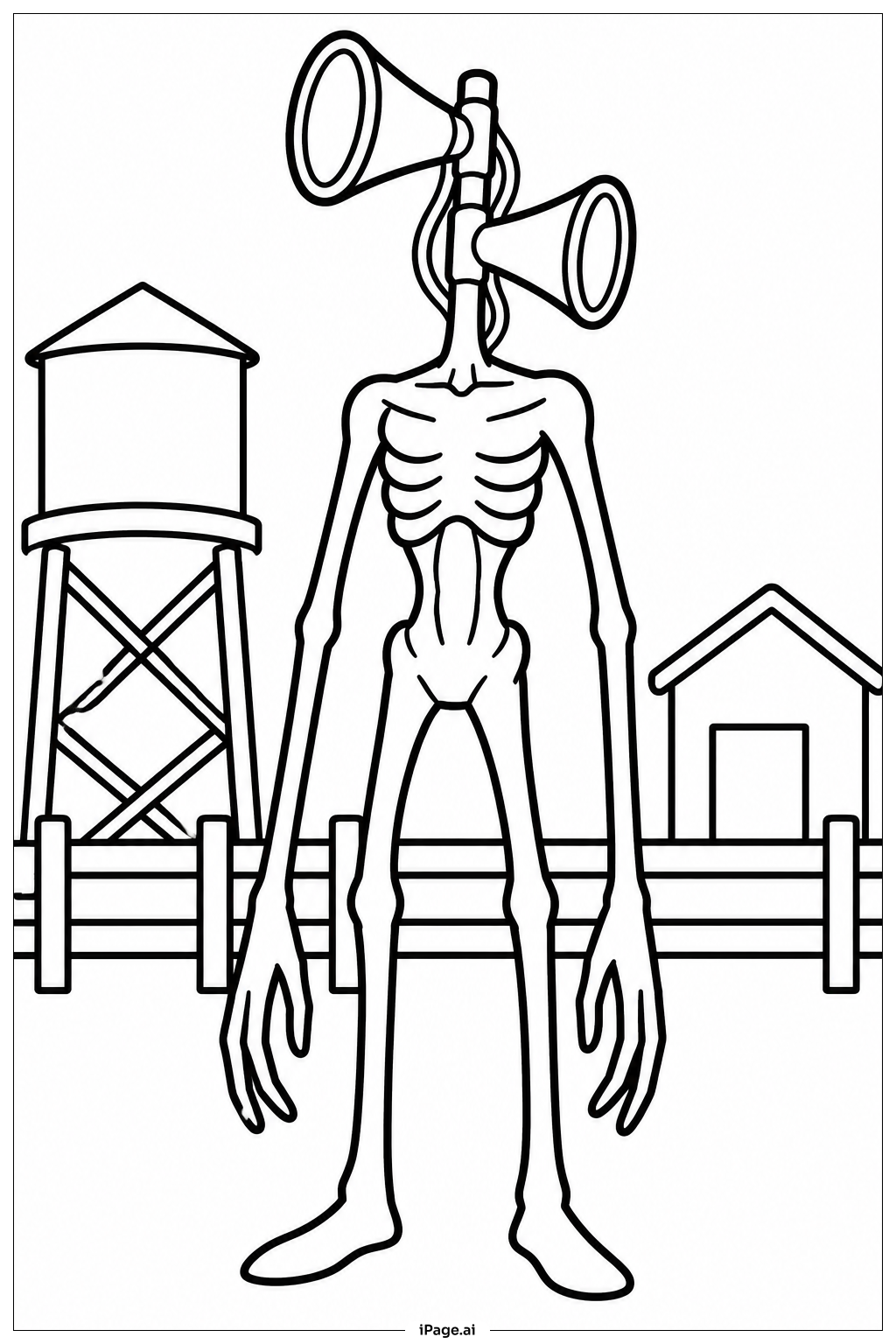  Página para colorear de Siren Head Cerca de la Torre de Agua 