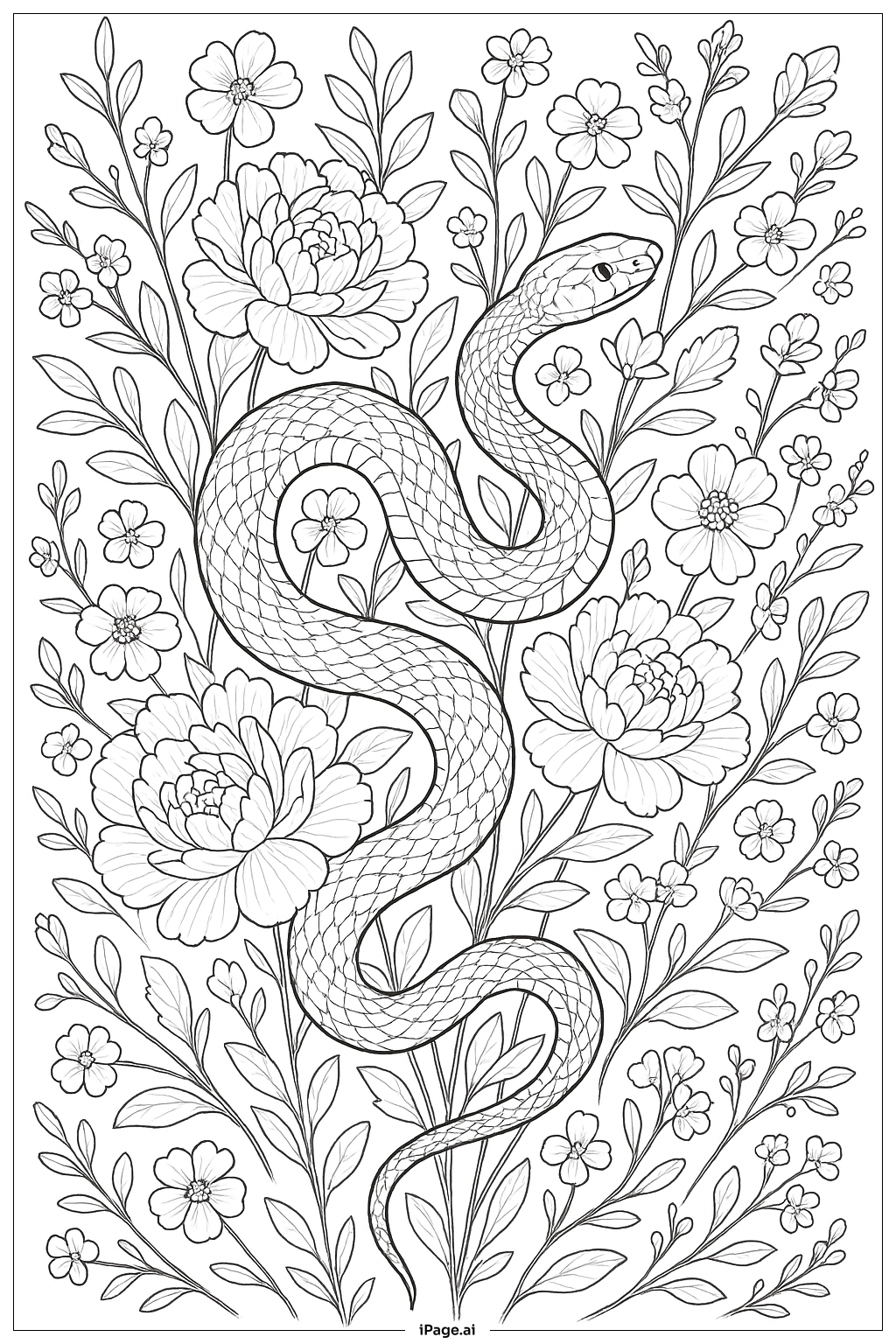  Página para colorir de Cobra Enrolada em Flores 