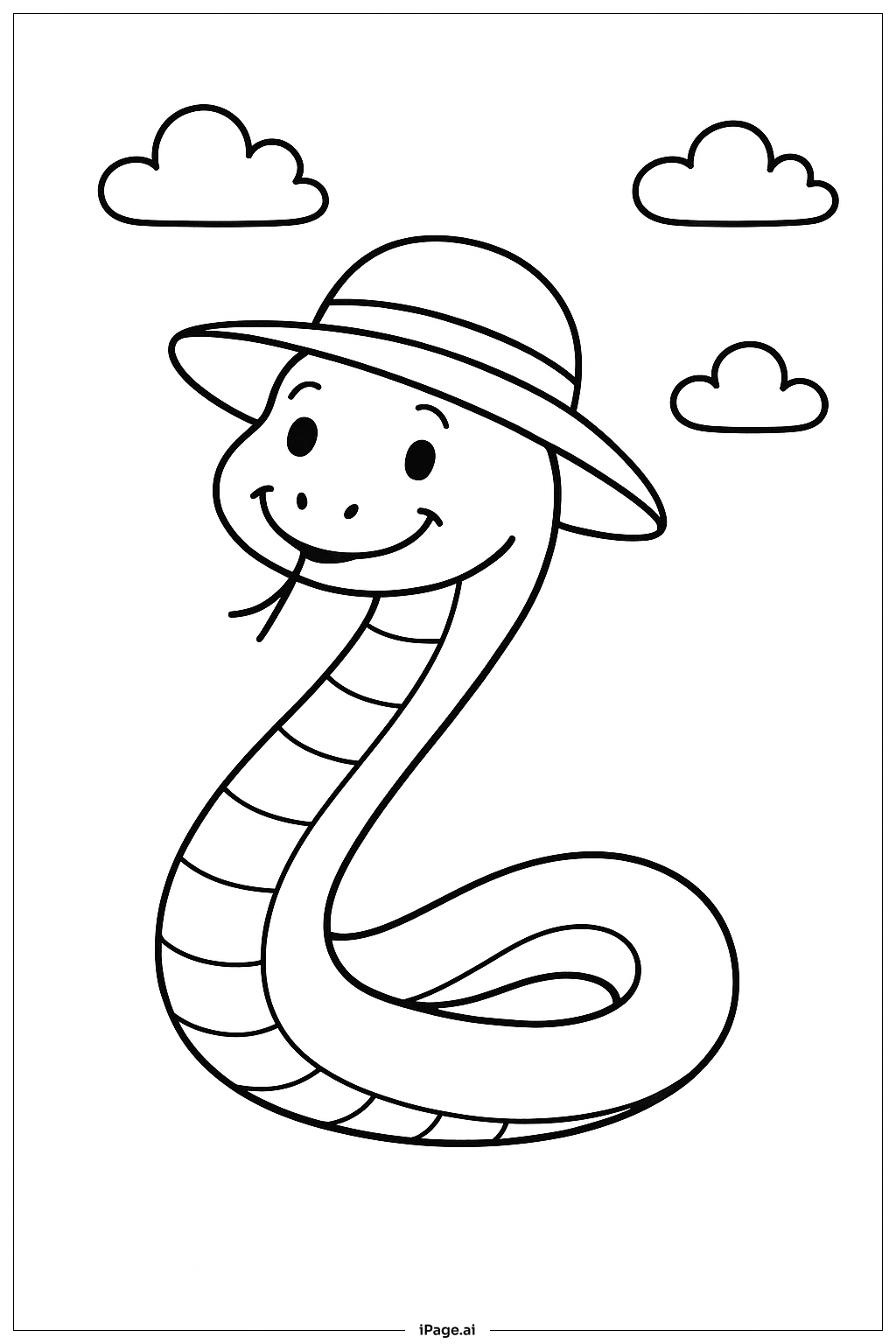  麦わら帽子をかぶったヘビの塗り絵ページ 