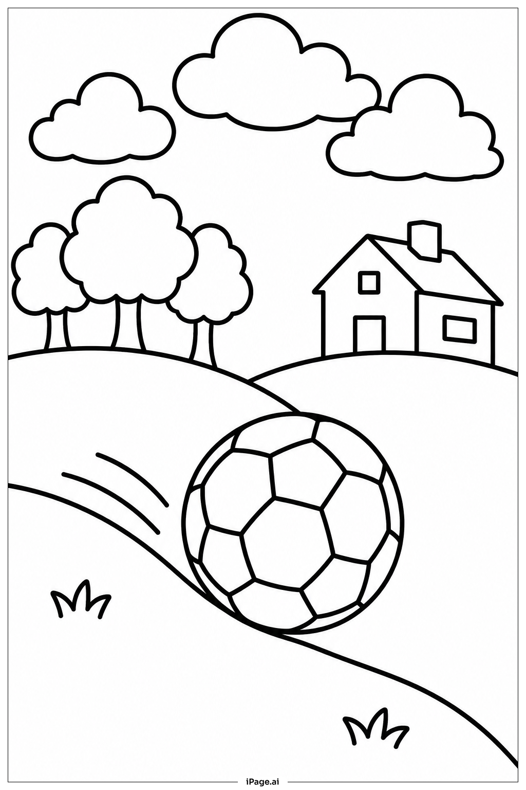 Page de coloriage Ballon de Football Qui Roule sur une Colline