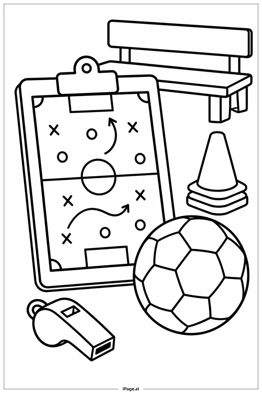 コーチングボードとサッカーボールの塗り絵ページ