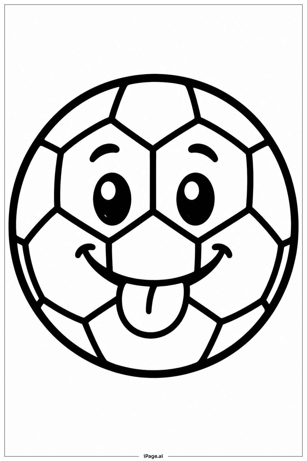 笑顔と舌を出したサッカーボールの塗り絵ページ