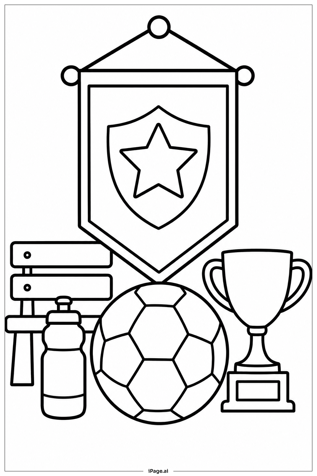 チームの旗とサッカーボールの塗り絵ページ